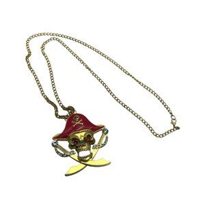 Vtg Pirate Skull Pendant Necklace Red Hat & Rhinestones Costume 18.5”